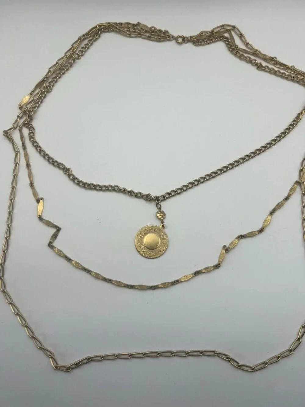 Vintage Gold Tone Multi Strand Chain Necklace Layered Medallion Charm Pendant
